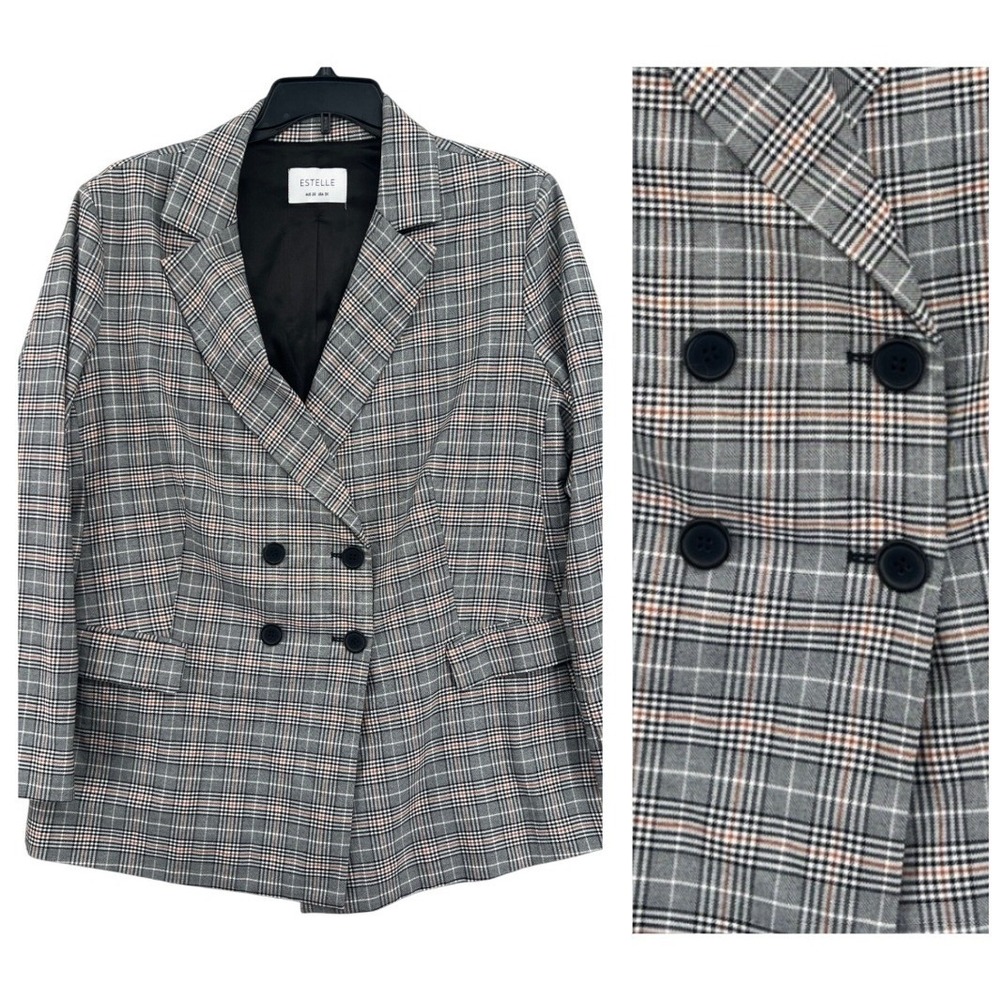 Estelle‎ Glen Plaid Academia Preppy Double Breasted Blazer 3X Chic Professional